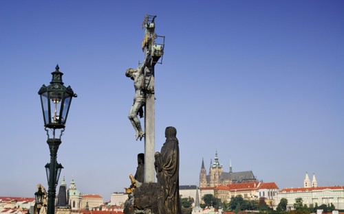 Charles Bridge Calvary with St Vitus in the background.