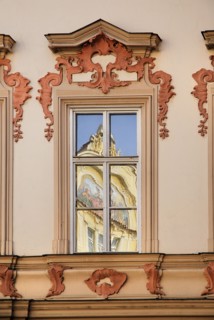 Old Town Square Window reflection.
