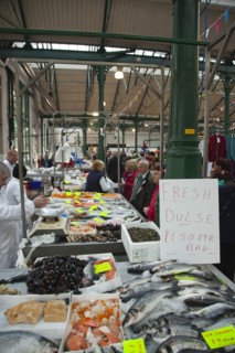 St Georges Market fresh fish display with Dulse seaweed for sale.