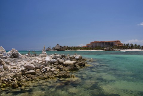 View across bay and rock sculptures.