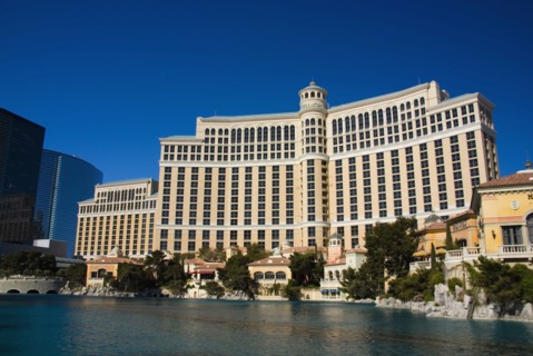 The Bellagio Hotel Casino across the fountain lake.
