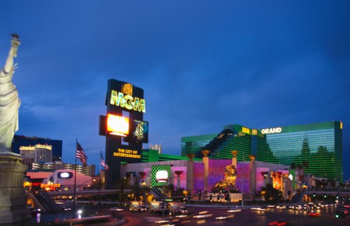 City view of the MGM Grand Casino Hotel at night.