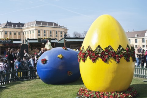 Giant painted Easter eggs at entrance of the Easter Market at the Schonbrunn Palace.