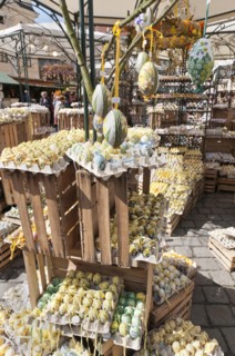 Trays of hand-painted and hand decorated egg shells to celebrate Easter at the Old Vienna Easter Market at the Freyung.