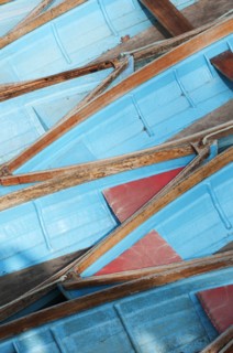 Moored rowing boats on the river Cherwell near Magdalen bridge.