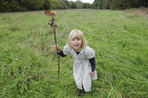 5 year old Eva with stick & leaf flag in a field of grass.