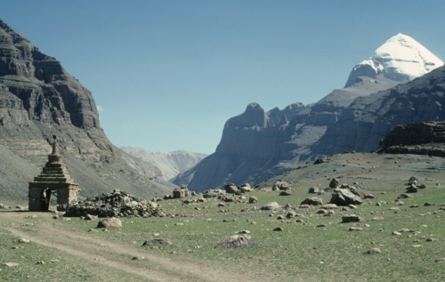 Tibet, West, General, Landscape with chorten and peak of Mount Kailas.China Tibet Landscape with