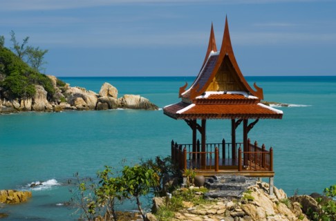 Thailand, Koh Samui, Choeng Mon Bay, Samui Peninsula Resort. Massage Spa House with ornate roof