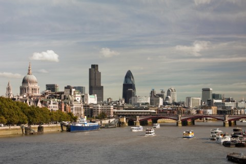 England, London, Skyline with view across the Thames towards Blackfriars Bridge from left to right