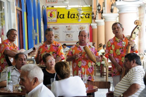 Mexico, Veracruz, Marimba band playing in the Zocalo for people seated at cafe tables. Photo : Nick