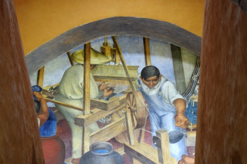 Mexico, Bajio, San Miguel de Allende, Bellas Artes 1940 mural by Pedro Martinez depicting textile