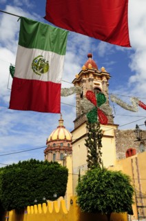 Mexico, Bajio, San Miguel de Allende, Mexican flags and Independence Day decorations hang in