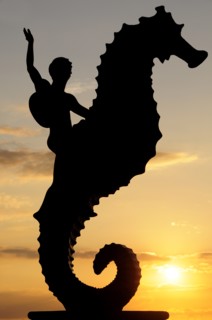 Mexico, Jalisco, Puerto Vallarta, Caballeo del Mar sculpture of boy riding a seahorse by Rafel