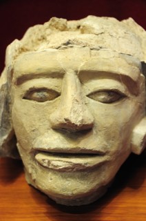 Mexico, Veracruz, Papantla, Carved stone human head 900-1150 AD El Tajin archaeological site museum