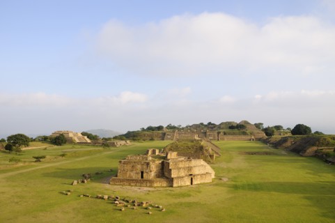 Mexico, Oaxaca, Monte Alban, Archaeological site Ruins of Monticulo J and Edifio I H and G