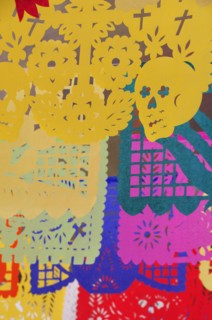 Mexico, Oaxaca, Brightly coloured decorations and symbols for Dia de los Muertos or Day of the Dead