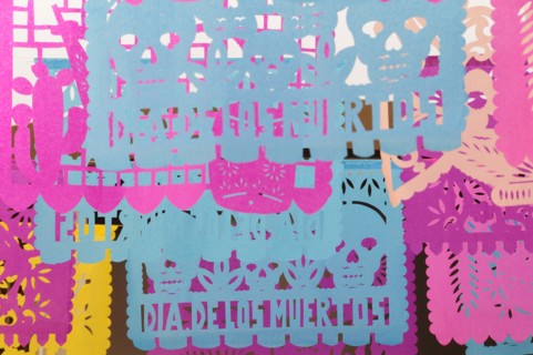 Mexico, Oaxaca, Brightly coloured decorations for Dia de los Muertos or Day of the Dead festivities