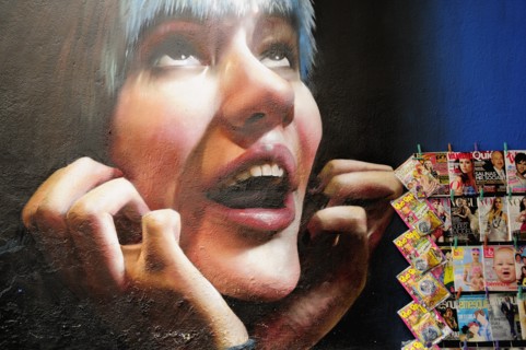 Mexico, Federal District, Mexico City, Condesa District Wall painting detail depicting face of
