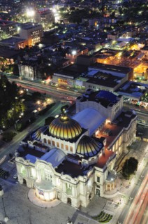 Mexico, Federal District, Mexico City, View over Palacio Bellas Artes at night from Torre