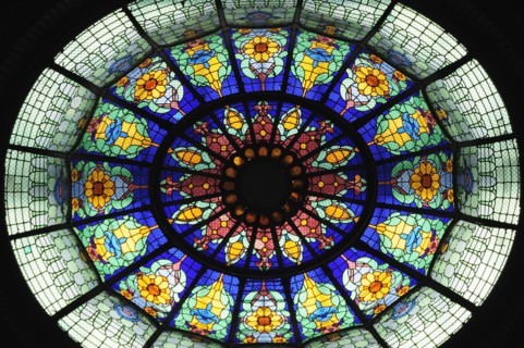 Mexico, Federal District, Mexico City, Detail of Tiffany glass window in the Gran Hotel Zocalo.