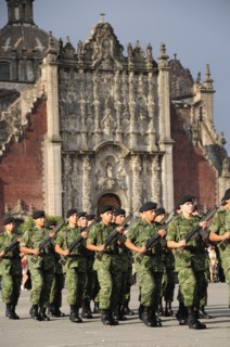 Mexico, Federal District, Mexico City, Military parade of the flag lowering ceremony in the Zocalo