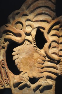 Mexico, Anahuac, Teotihuacan, Detail of architectural crenellation representing a bird on display