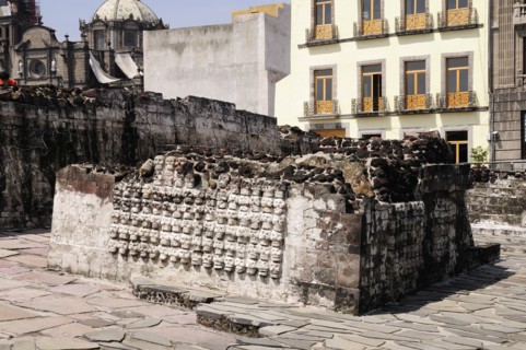 Mexico, Federal District, Mexico City, Wall of Skulls or tzompantli in the Templo Mayor Aztec