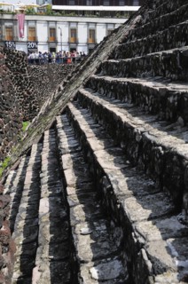 Mexico, Federal District, Mexico City, Part view of steps of main pyramid in Templo Mayor Aztec