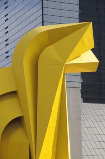 Mexico, Federal District, Mexico City, Detail of yellow Little Horse sculptural form in front of