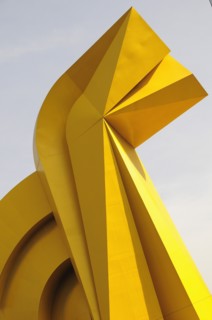 Mexico, Federal District, Mexico City, Detail of yellow Little Horse sculptural form in front of
