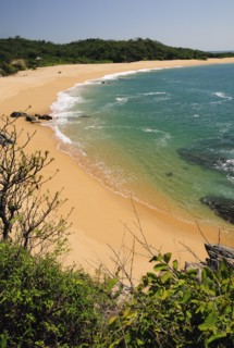 Mexico, Oaxaca, Huatulco, View onto deserted beach at Playa Conejos with turquoise water and golden