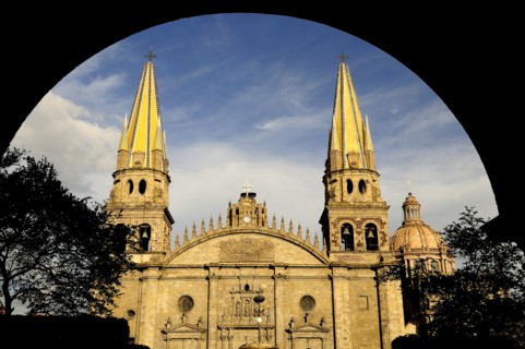 Mexico, Jalisco, Guadalajara, Plaza Guadalajara Exterior facade of cathedral and bell towers framed