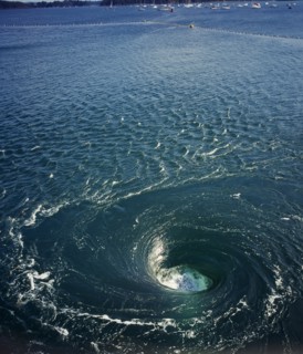 France, Bretagne, Barrage de la Rance, Rance Tidal Power Station. Whirlpool caused by tidal water