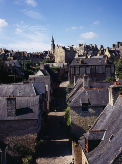 France, Bretagne, Cotes d Armor, Dinan. View from castle ramparts over Rue du Jerzual in medieval