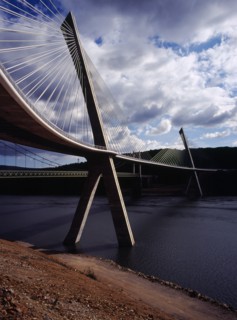 France, Bretagne, Finistere, Part view from North Bank of the Pont de Terenez suspension bridge