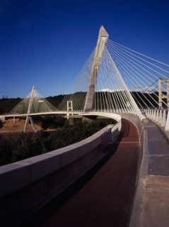 France, Bretagne, Finistere, View from South Bank left side of the Pont de Terenez suspension