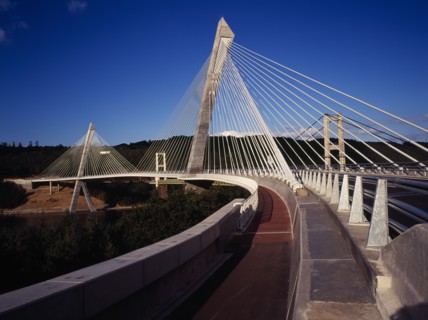 France, Bretagne, Finistere, View from South Bank left side of the Pont de Terenez suspension