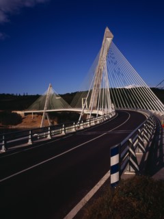 France, Bretagne, Finistere, View from South Bank right hand side of the Pont de Terenez suspension