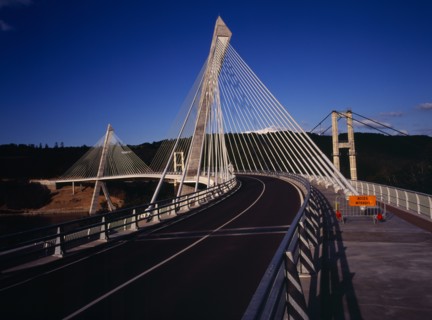 France, Bretagne, Finistere, View from South Bank right hand side of the Pont de Terenez suspension