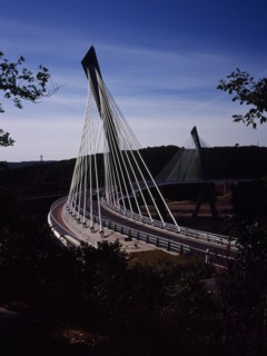 France, Bretagne, Finistere, Ile de Crozon. New Pont de Terenez suspension bridge view south from