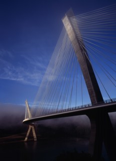 France, Bretagne, Finistere, Ile de Crozon. View of the new Pont de Terenez suspension bridge