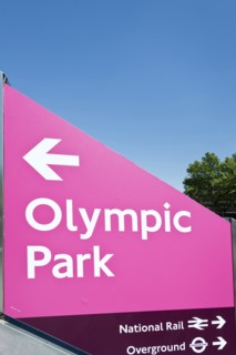 England, London, Stratford signage for the Olympic games at Stratford train station. Photo : Paul