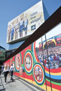 Advertisement for Adidas sponsorship of Great Britain athletes at the Westfield shopping centre and the Coca Cola bridge