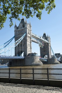 England, London, The Olympic rings suspended from the gantry of Londons Tower Bridge celebrate the