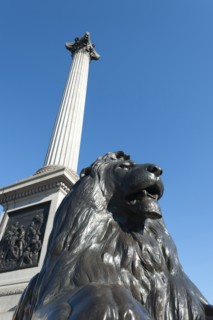 Lion statue and Nelson's column, Trafalgar Square, London