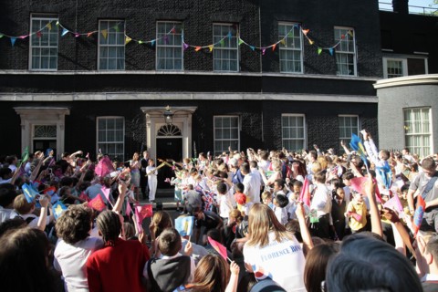 England, London, Olympic Torch relay in Downing Street Samantha and Prime Minister David Cameron