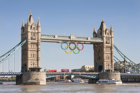 Tower Bridge, with the Olympic rings celebrating the 2012 Olympic Games, London, England