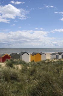 England, Suffolk, Southwold, Beach Huts on the edge of the dunes. Photo : Bob Battersby