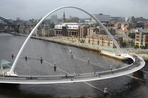 England, Tyneside, Gateshead, Millennium Bridge in closed position from the Baltic Arts Centre