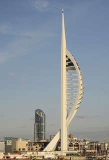 England, Hampshire, Portsmouth, Spinnaker Tower and Gunwharf Quay shopping center seen from the